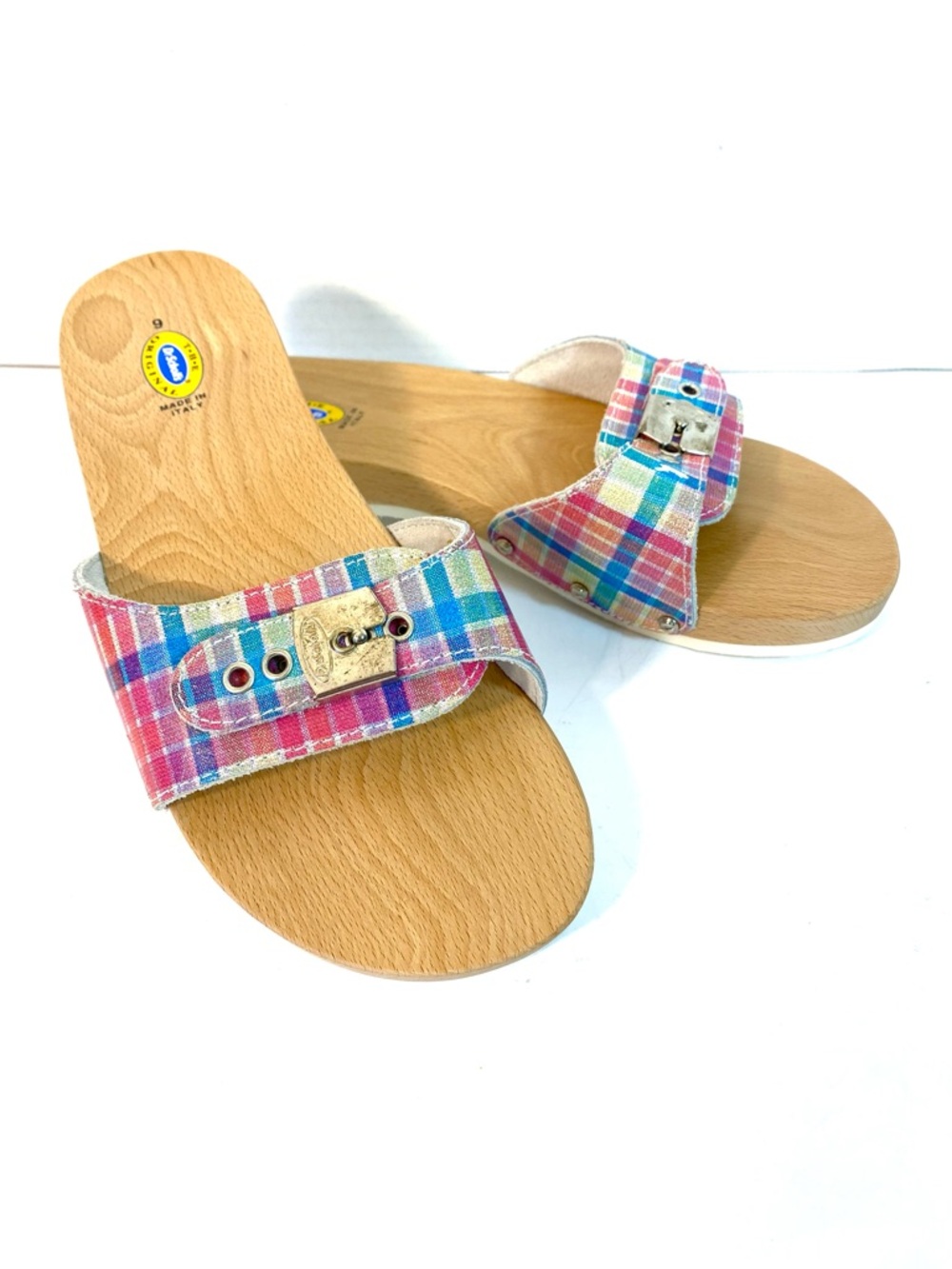 Vtg DR SCHOLLS Plaid Leather Wooden Exercise Sandals Italy
